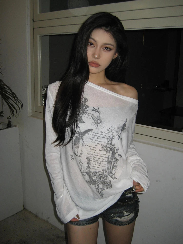 Yedinas Korean Fashion Graphic Tees Slightly Transparent T Shirt Women Clothing Long Sleeve Loose T-shirt Streetwear Spring Tops