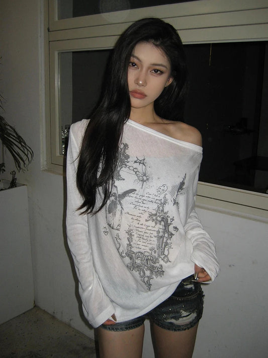 Women's T shirts Korean Fashion Graphic Slightly Transparent  loose