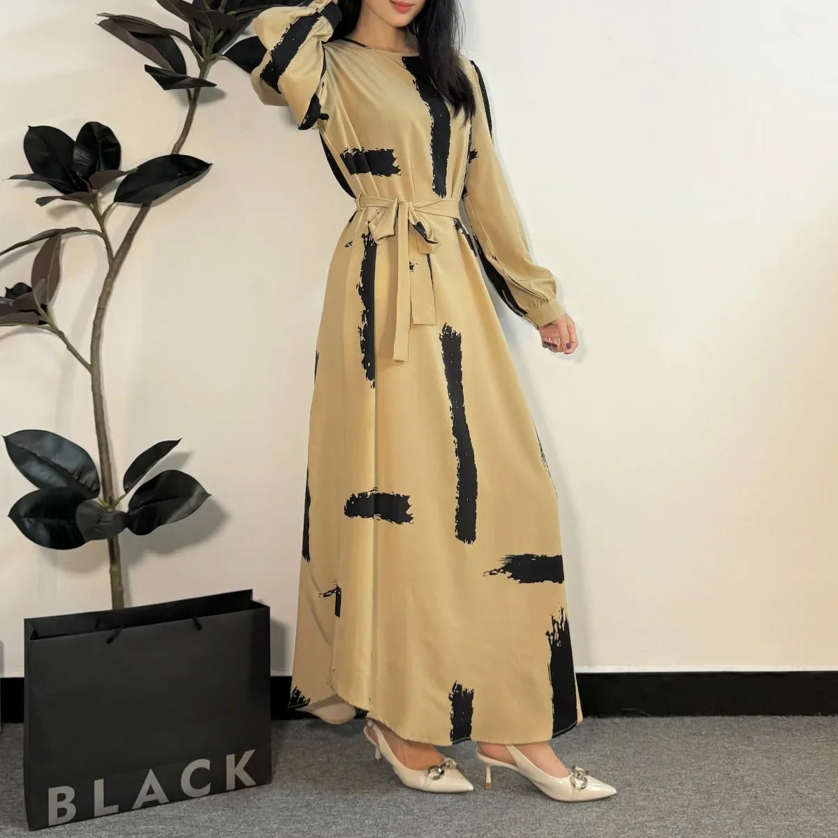 Abayas Fashion Female O-neck Full Sleeve A-line Casual Long Ramadan Maxi Dresses With Belt