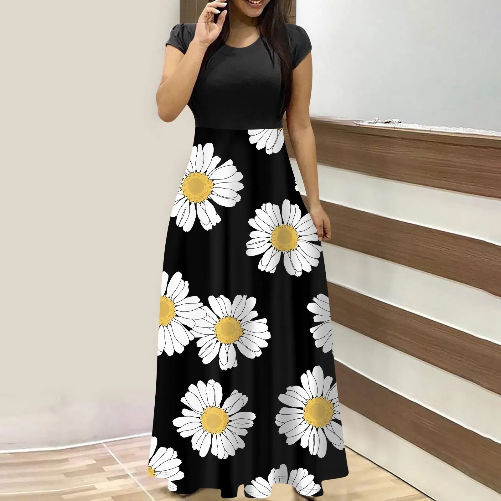 elegant dresses for women Fashion Casual long dresses Print O-Neck Short Sleeves Oversized Maxi Dress Splicing vestidos curtos