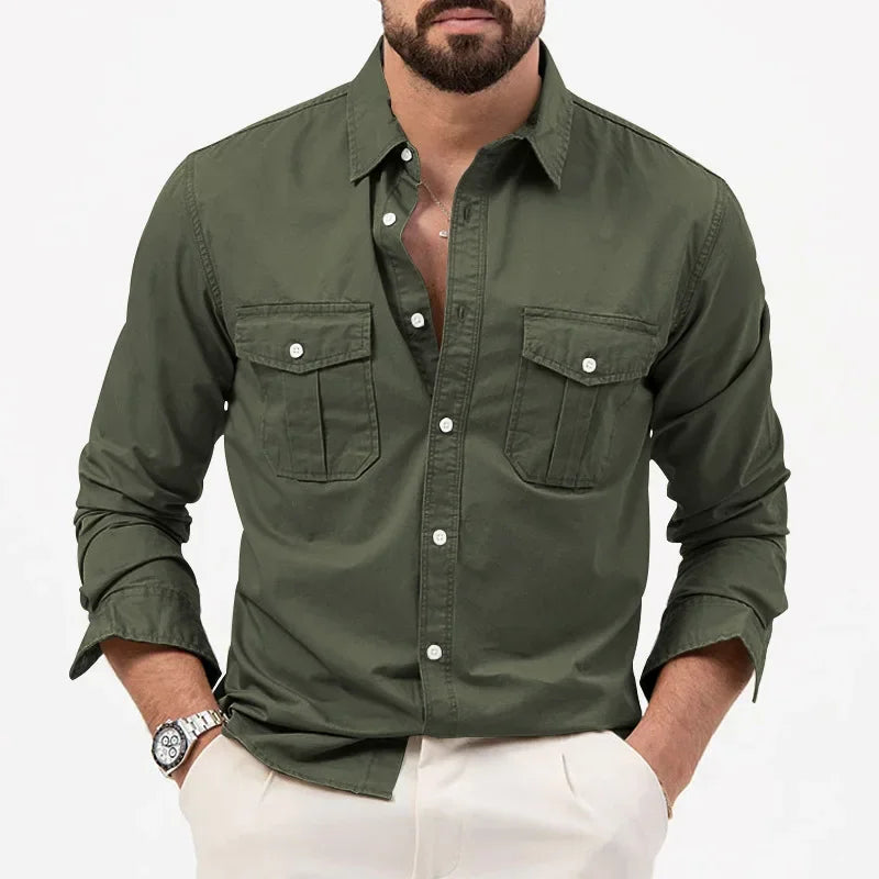 Army Green Tactical Cargo Shirts  Long Sleeve Mens T-Shirt
