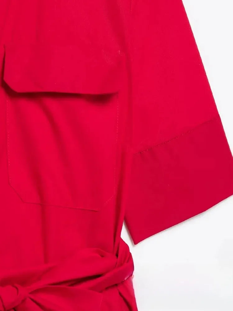 KONDALA Casual Chic Red Women Sashes Long Dress Women Pockets Short Sleeve Summer Dress Fashion 2025