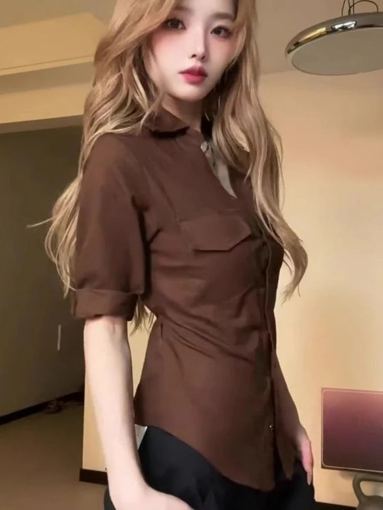 Vintage Hot Chick Polo Collar T-shirt Woman Half Sleeve Fashion Aesthetic Button Brown Slim Tops Autumn New Chic Design Clothes