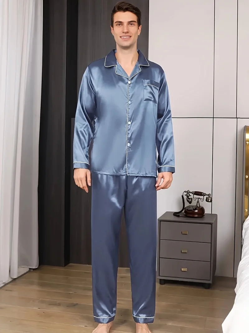 Men Pajama Sets Microfiber Sleepwear For Sleeping Man Shirt Silk Long Sleeve Pyjama  Night Wear Longwear