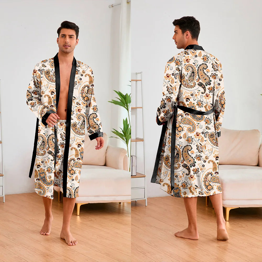 Men 2 Pieces Sleepwear Leopard Bathrobe Set  Homme Long Mens Sleepwear Loungewear Home Dressing Gown