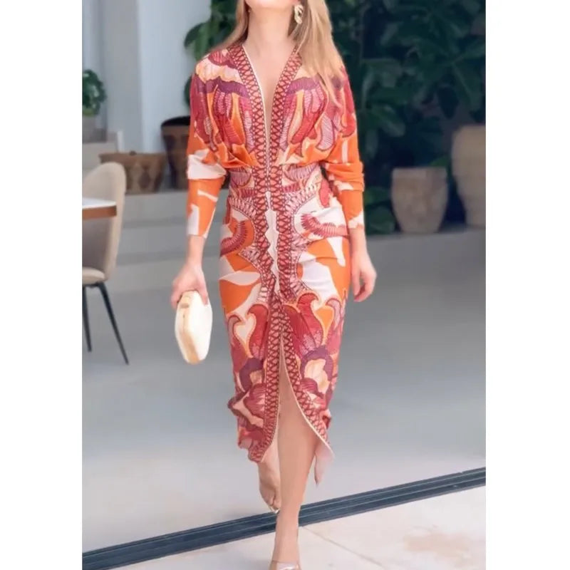 Women Elegant Print Sexy V-Neck Long Dresses Fashion Lady Long Sleeve Party Dress Summer 2025 Open Slit Temperament Office Dress