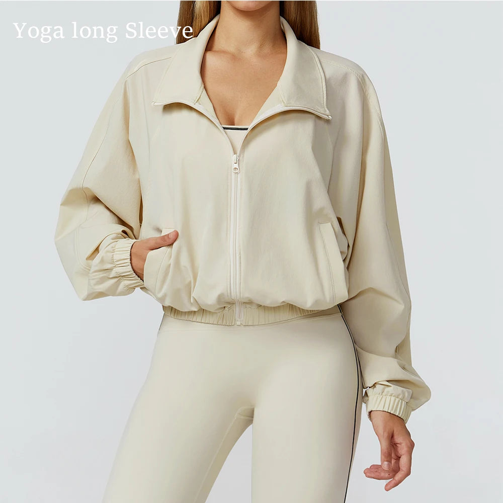 Women Zipper and Pockets Long Sleeve Gym Fitness Jacket Female Running Workout Sports