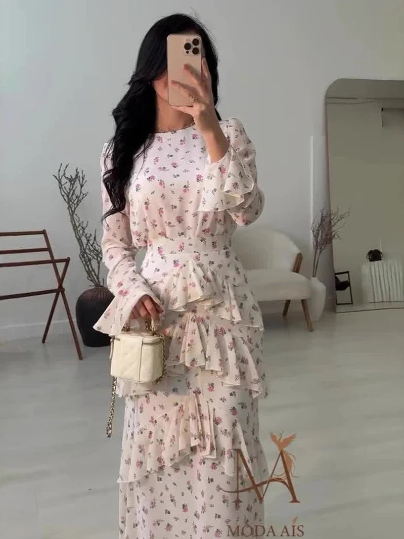 Eid Party Dress for Women Muslim Floral Sweet Abaya Jalabiya Ramadan Long Dresses Vestidos Largos Kaftan Arab Long Robe 2025