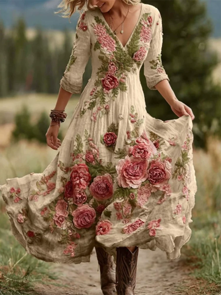 Casual Long Sleeve Party Dresses Elegant Flower Print Waist Big Swing Long Dress Women's Sexy Deep V-neck Draped Bohemian Dress