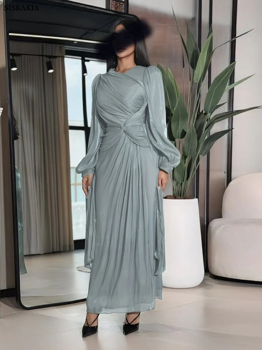 Siskakia  Stylish Arab Tunics Maxi Dress New Dubai Puff Sleeve Abaya Ribbon Kaftan 2025
