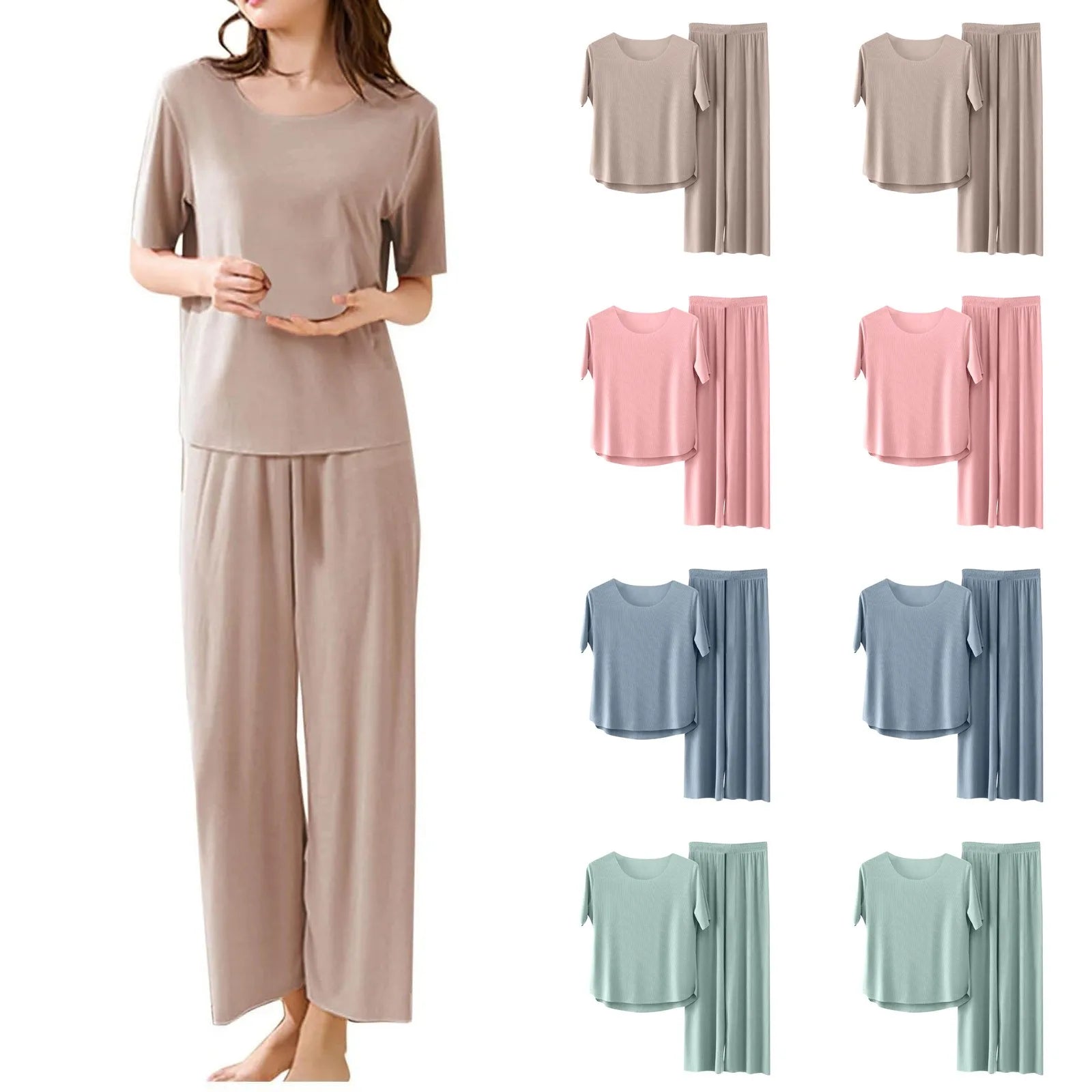 Women Casual Solid Color Sleepwear Set  Non-Marking Loose Short Sleeved Top Cropped Pants Homewear Ice Silk Pajamas Suit