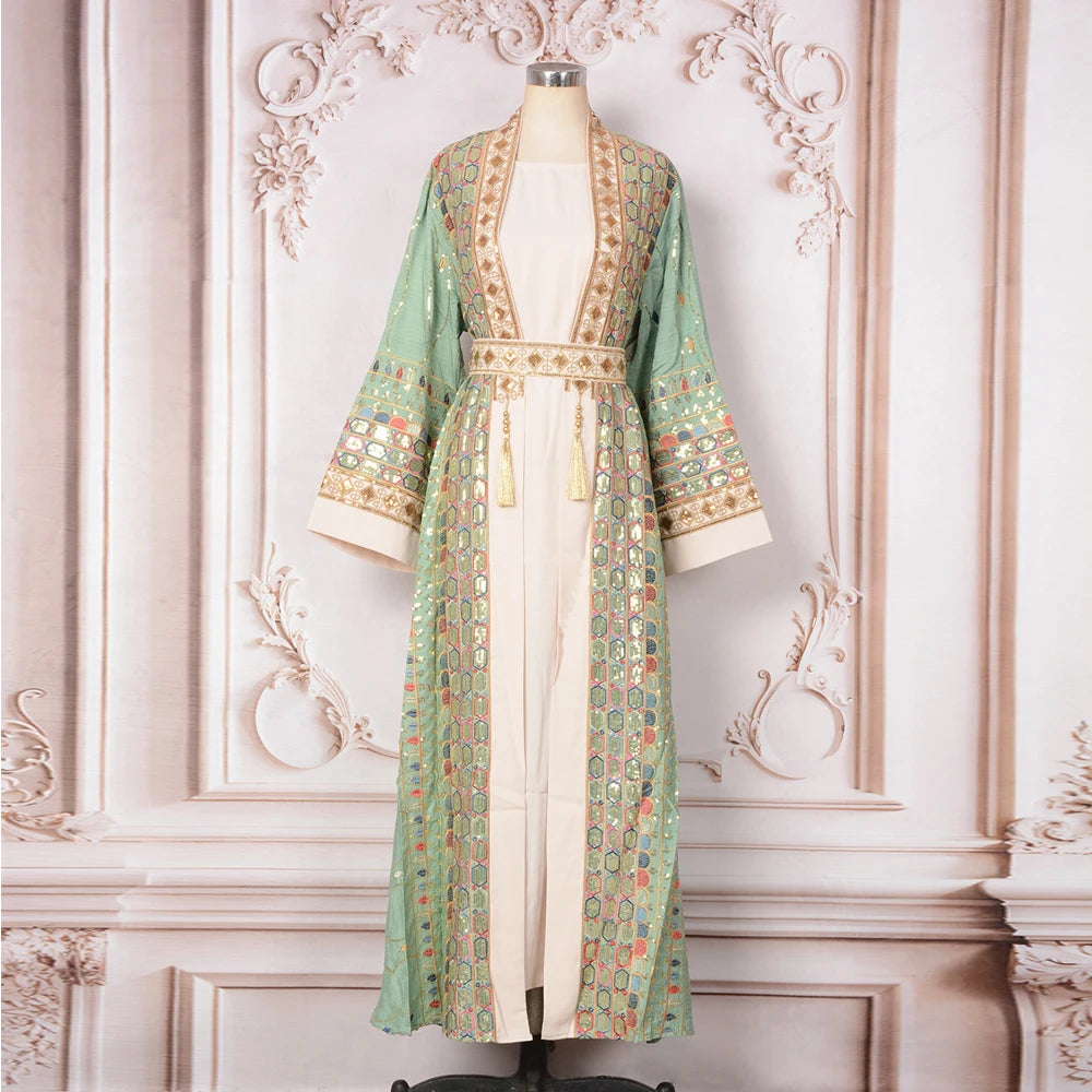 2025 Dubai Luxury Sequin Embroidered Dress  Women Open Abayas Maxi Dress Robe Set