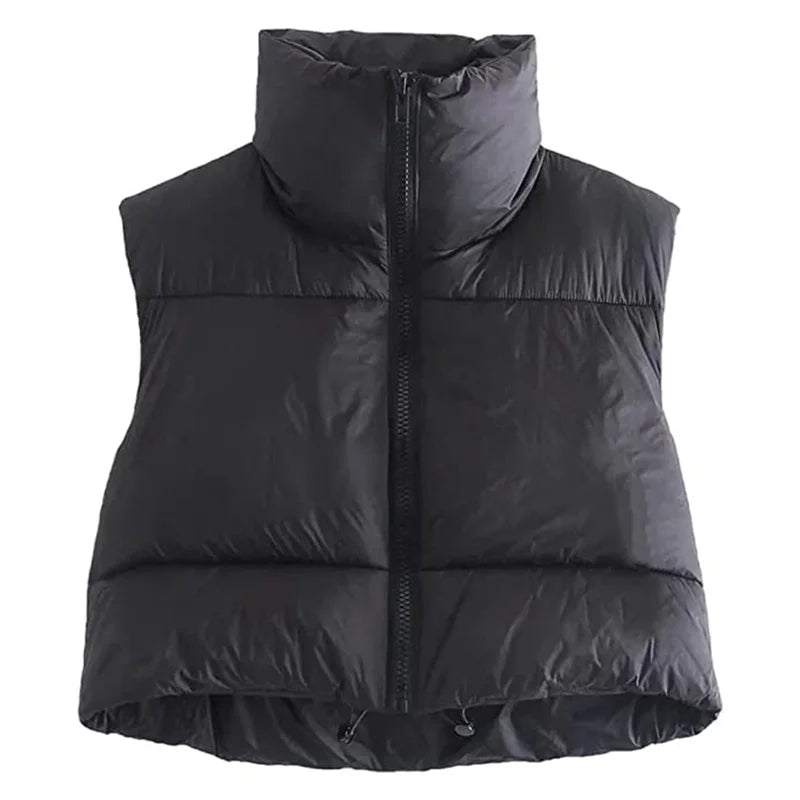 Women Winter Warm Crop Waistcoat Sleeveless Stand Collar Double Sided Lightweight Puffer Vest