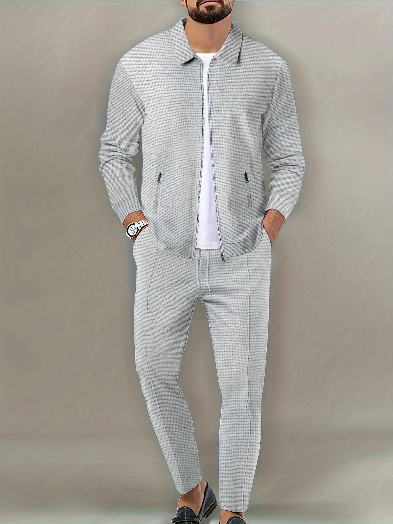 Men's Slim Fit ZipperPocket,Sportswear,Jacket Set, Long Pants, Elegant, two-Piece Set