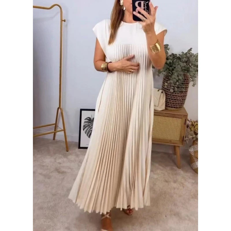 Elegant Loose Summer Party Dresses Fashion Women Short Sleeve Casual A-line Pleated Long Dress O Neck Solid Robe Simple Clothes