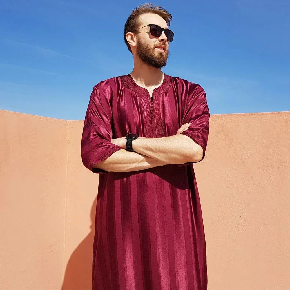New 2025 Islamic Clothing Men Robe Kaftan Muslim Man Moroccan Casual Long Dress Arabic Striped Robe Middle East National Costume
