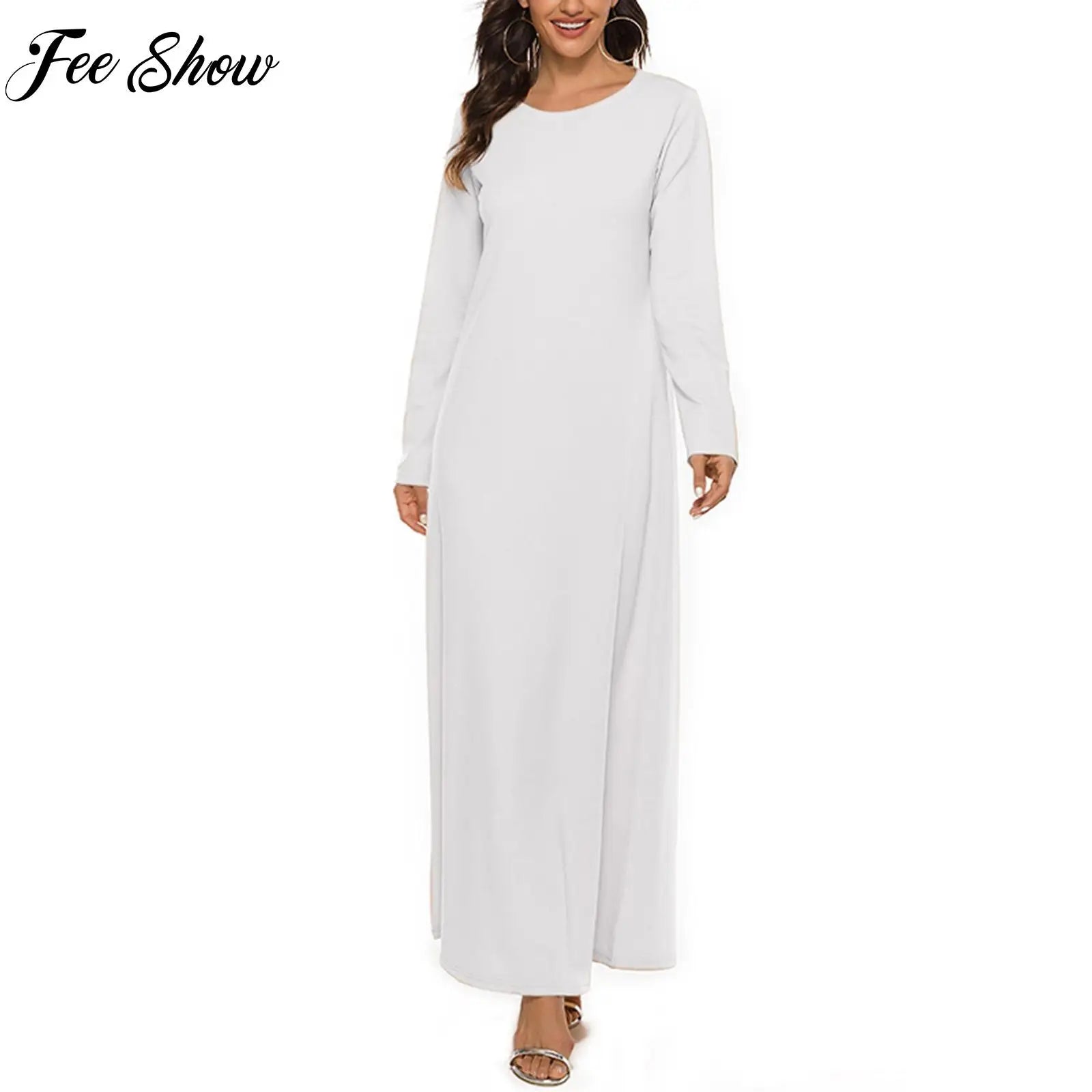 Women Solid Color  Arabian Dress Round Neck Sleeve  Long Robes Loose Basic Dress for Casual Wear