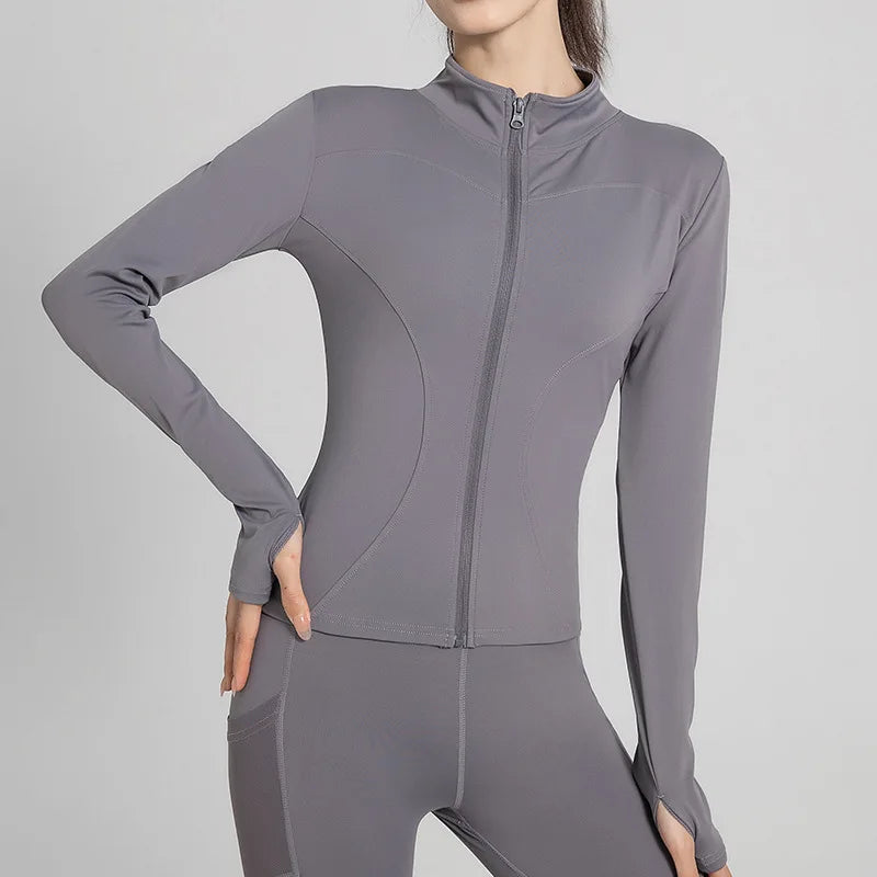 Lady Fitness Elastic Breathable Nude Fabric Long-sleeved Fitted Gym Jacket Quick Dry Sun Protection