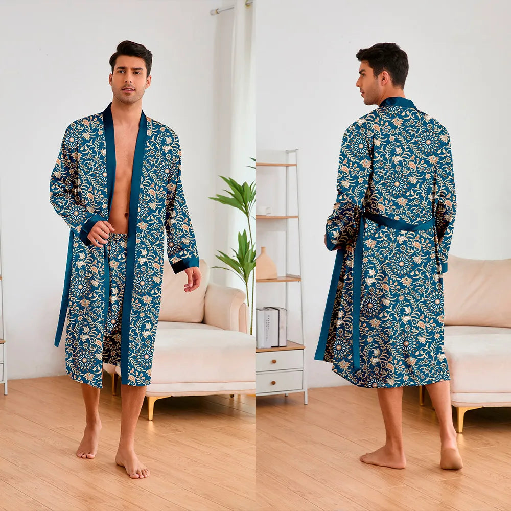 Men 2 Pieces Sleepwear Leopard Bathrobe Set  Homme Long Mens Sleepwear Loungewear Home Dressing Gown