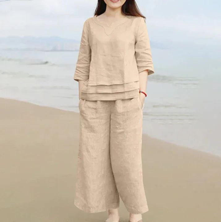 Women Pantsuit Women's 2PCS V Neck Three Quarter Sleeve Top Wide Leg Pants Set with Loose Fit Soft Solid for Comfortable 2025