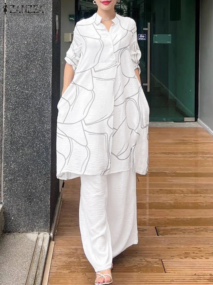 2025 ZANZEA Autumn Printed Tracksuits Women Outfits 2 Piece Sets Long Sleeve Blouse Wide Leg Pant Suit Long Shirt Loose Trousers