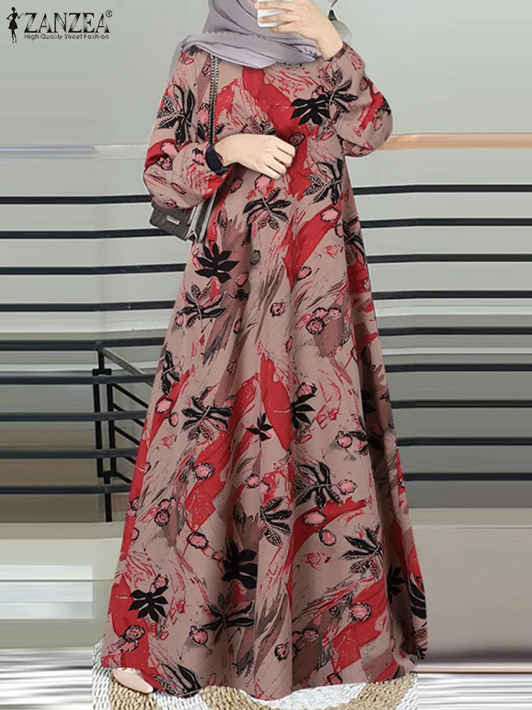 2025 ZANZEA Vintage Elegant Women Long Sleeve Muslim Dubai Dress Clothing Floral Printed Turkey Abaya Hijab Sundress