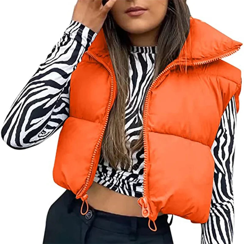 Women Winter Warm Crop Waistcoat Sleeveless Stand Collar Double Sided Lightweight Puffer Vest