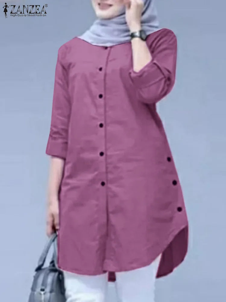 ZANZEA Fashion Abaya  Blouse Woman Casual Holiday Baggy Shirt Long Sleeve O-Neck Tops Elegant