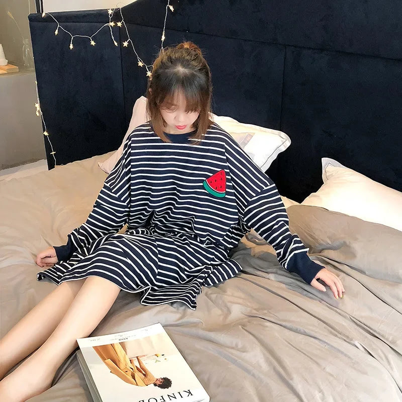 2025 Women Sleepwear Spring Summer Plus Size Night Dress for Lady Cute Long Sleeve Loose Embroidery Cartoon Sleepshirts Pajamas