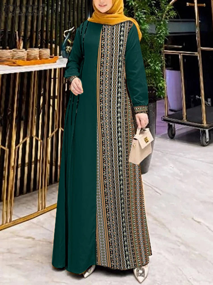 ZANZEA Women Ethnic Printed Panels Maxi Dress Long Sleeve Hijab O Neck   Patchwork  Loose Casual Abaya Robe