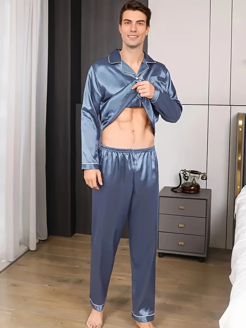 Men Pajama Sets Microfiber Sleepwear For Sleeping Man Shirt Silk Long Sleeve Pyjama  Night Wear Longwear