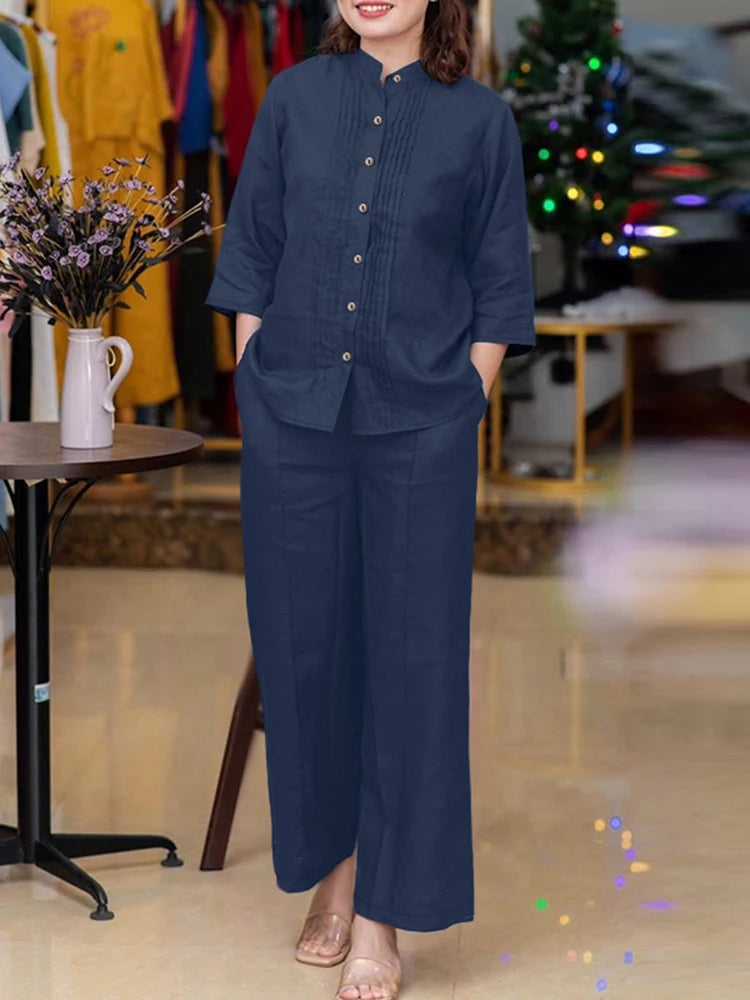 ZANZEA Stylish Autumn 2 Pieces Sets Women Long Sleeve Blouses Pant Sets Casual Solid Loose Tracksuit Female OL Work Outfits 2025