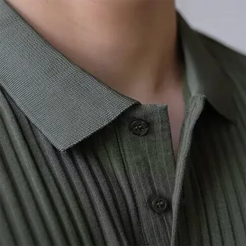 Vertical Stripe Knit Polo Men's Shirts Summer New Slim Breathable Turn-Down Collar Business Short Sleeve Polo Tops