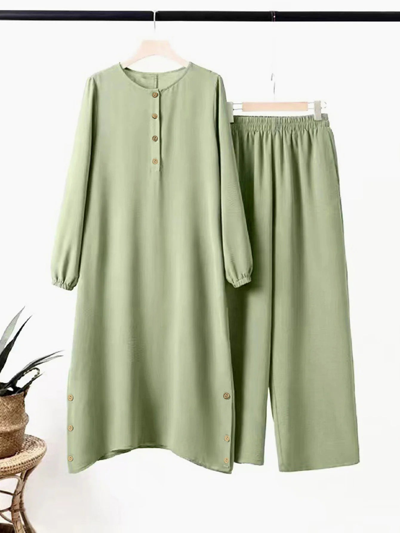 Two Piece Women Modest Set Top Lace Up Wide Leg Pants Suit Ramadan  Casual Ensemble Arabic Outfits