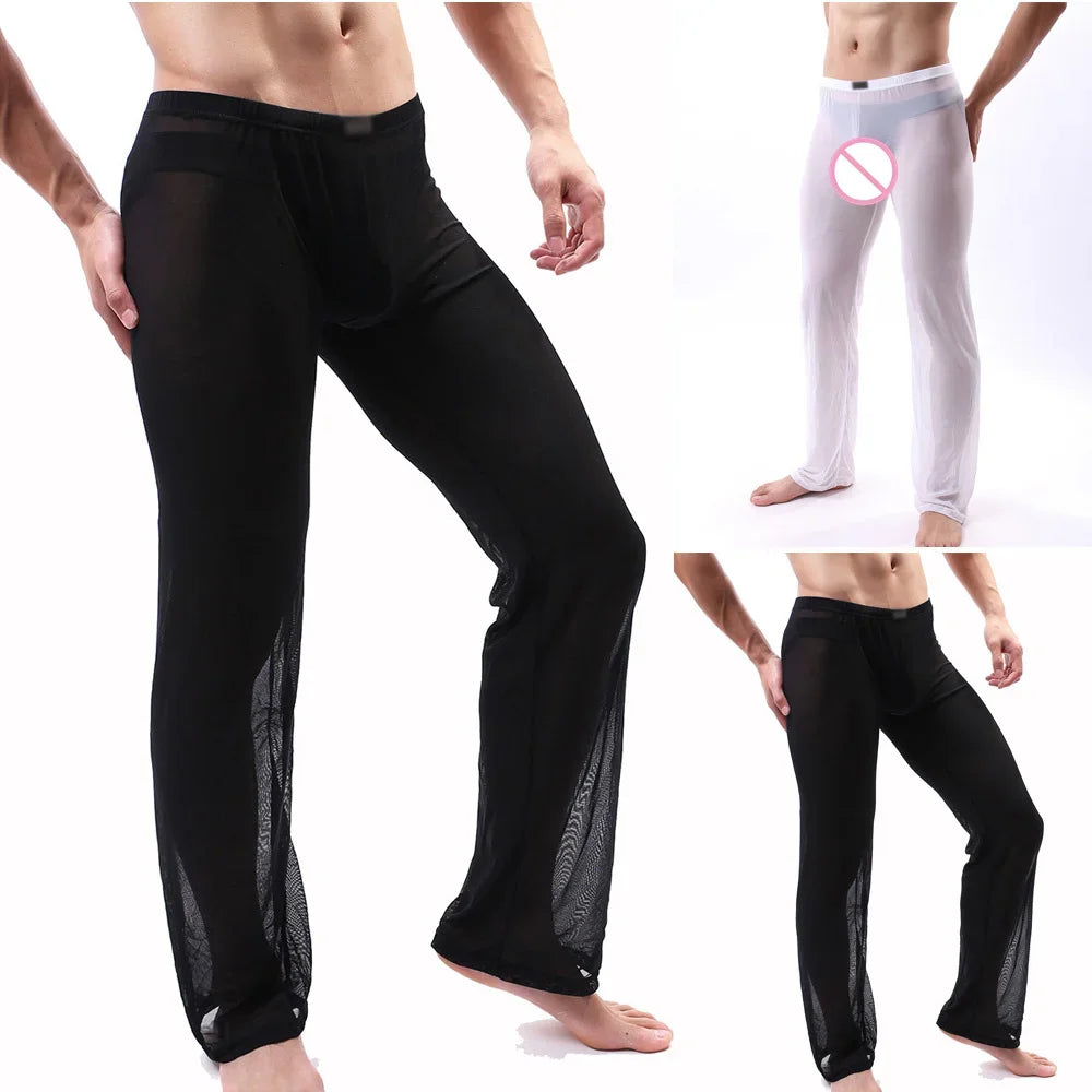 Sexy Men Sleep Bottoms Ultra-Thin Mesh Transparent Underpants Loose Elasticity Pajama Pants Casual Homewear Seduction Trousers