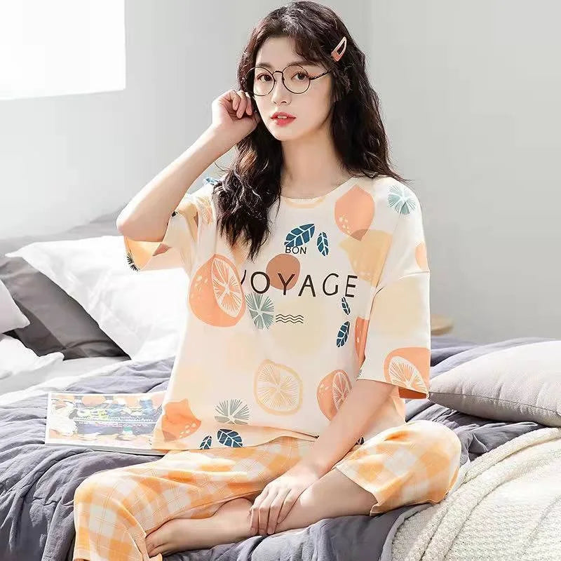 Women Sleepwear Half-Sleeve Seven-Quarter Trousers Student Nightwear Homewear Set Round Neck Cartoon Ladies Pajamas Loungewear