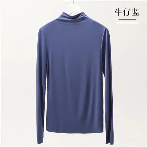 Fall and Winter 2025 New Luxury Clothing Stretch Modal T-Shirt for Women Half-high Collar Slim-fit Solid Color Long Sleeve Top
