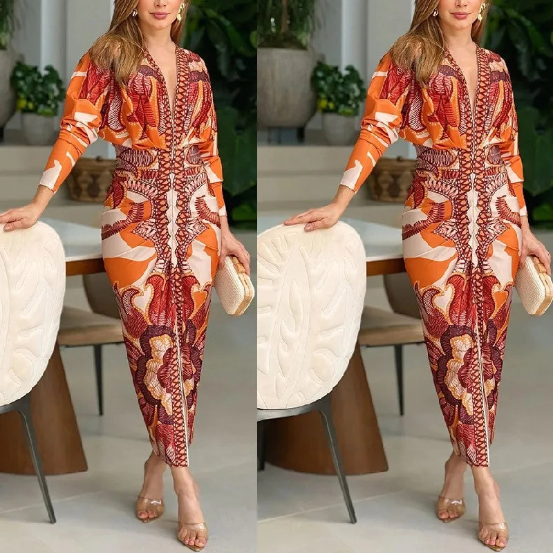 Women Elegant Print Sexy V-Neck Long Dresses Fashion Lady Long Sleeve Party Dress Summer 2025 Open Slit Temperament Office Dress