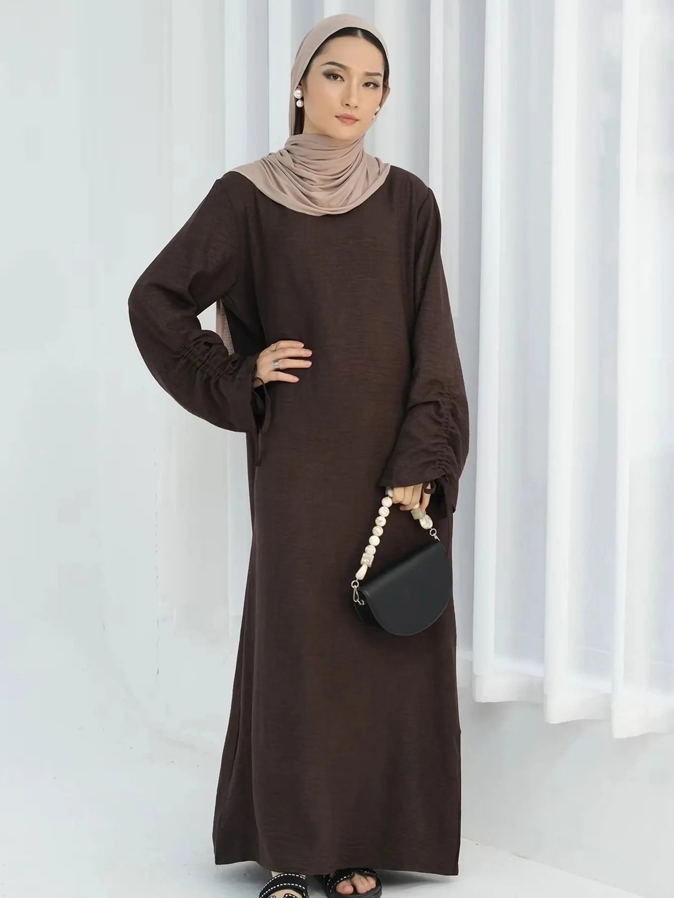 Women Abaya Lace-up Sleeve  Casual Prayer Kaftan Long Robe