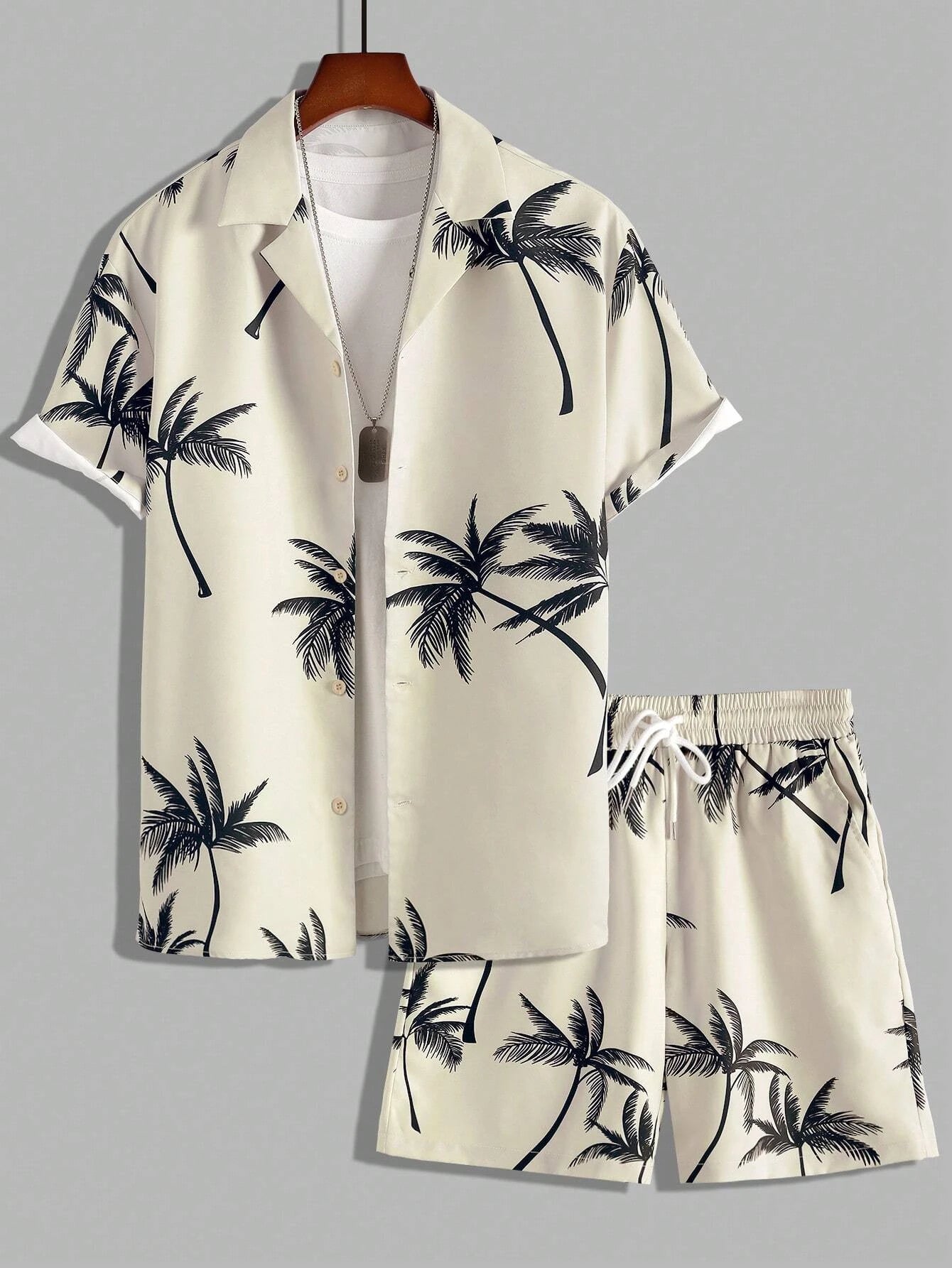Hawaiian Coconut Tree Print Men's Shirt and Shorts Two-Piece Set Casual Vacation Men's Shirt Set Short Sleeve Button Shirt