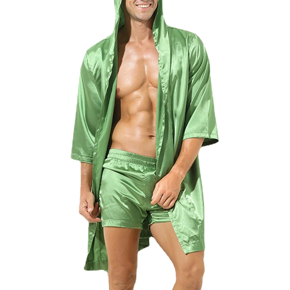 Men Bathrobe Pajamas Nightgown Hooded Loose Satin Silk Sleepwear Cardigan Gown Bath Robe Nightwear Sleep Bottoms 