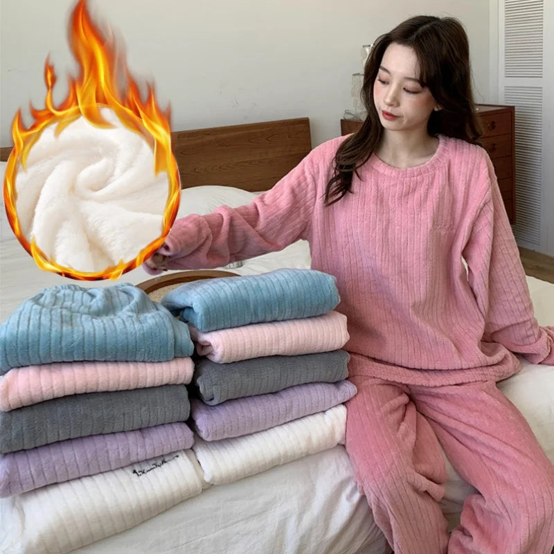 Women Coral Fleece Pajama Set Warm Round NeckSleepwear Cozy Loungewear Outfit