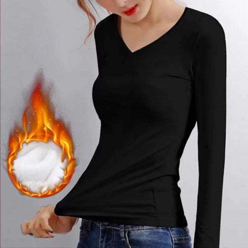 Winter Bottoming Shirt Women Thermal Underwear Solid Color German Velvet Long-Sleeved Basic T-Shirt Heating Fiber Thermal Top