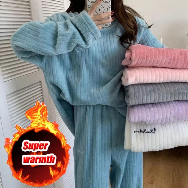 Women Coral Fleece Pajama Set Warm Round NeckSleepwear Cozy Loungewear Outfit