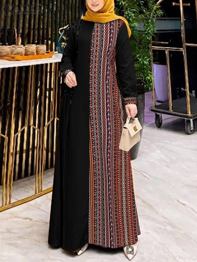 ZANZEA Women Ethnic Printed Panels Maxi Dress Long Sleeve Hijab O Neck   Patchwork  Loose Casual Abaya Robe