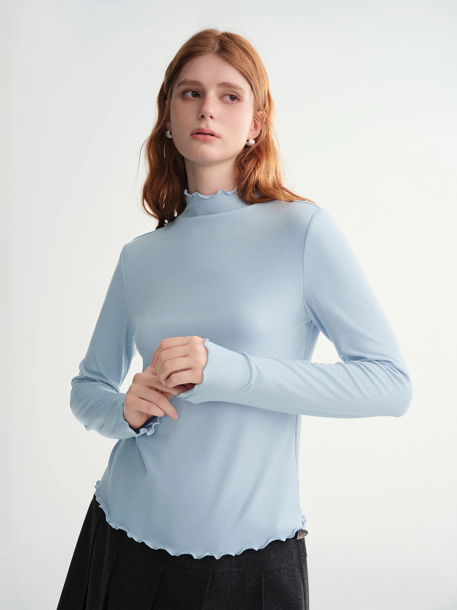 DUSHU Self-Heating Wool T-shirts Half-High Collar Soft Knit  Women's Longline Bralette Fall Winter Curvy Solid Color Pullovers