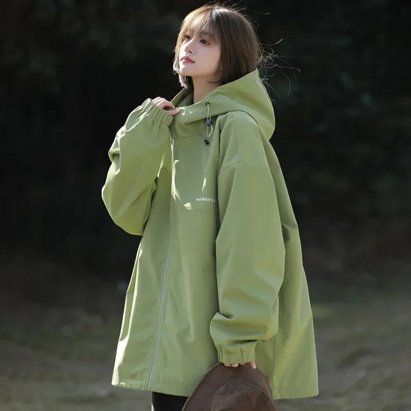Women's Loose Windproof Zipper Hooded Jacket