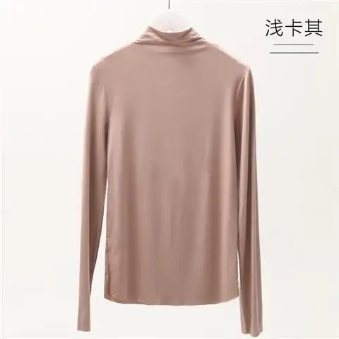 Fall and Winter 2025 New Luxury Clothing Stretch Modal T-Shirt for Women Half-high Collar Slim-fit Solid Color Long Sleeve Top