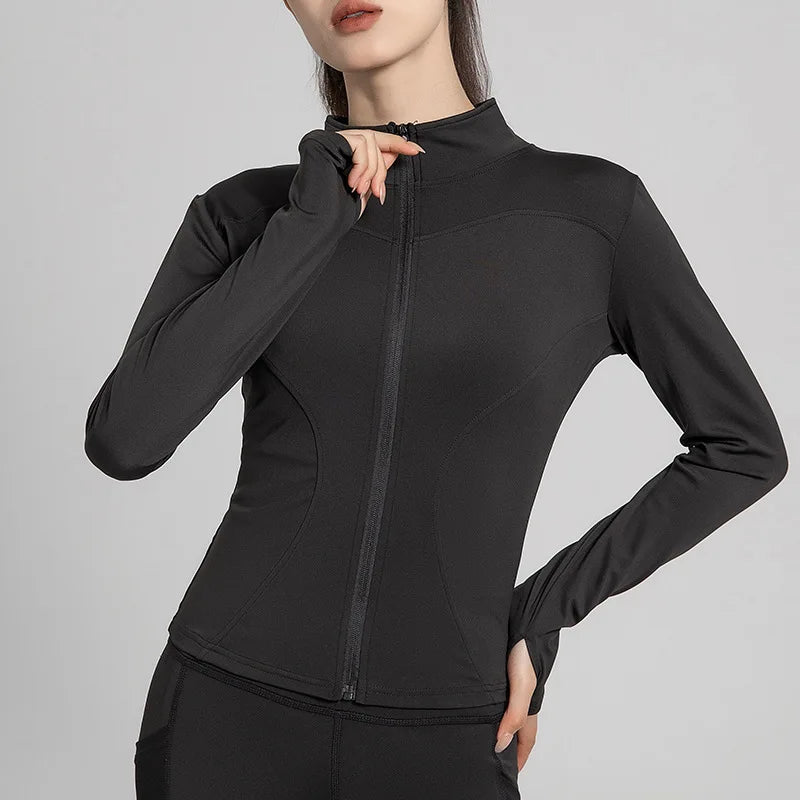 Lady Fitness Elastic Breathable Nude Fabric Long-sleeved Fitted Gym Jacket Quick Dry Sun Protection