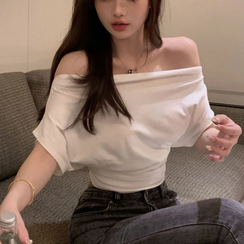T-shirts Women Clothing Skew Collar Vintage Summer Aesthetic Sexy Off Shoulder Streetwear Elegant Minority Fashionable Pure 2023
